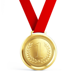 空白图上扣章第一名金牌与白色背景-3d 图上孤立的红丝带照片