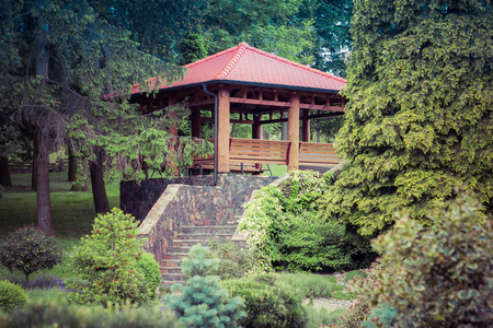 日本花园洋房的绿色公园图片