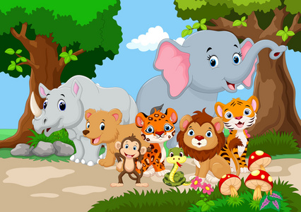 野生动物卡通在美丽的花园照片