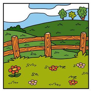 矢量彩色背景, 牧场, 字段和栅栏谷仓房子农场牧场图标矢量图形在草地