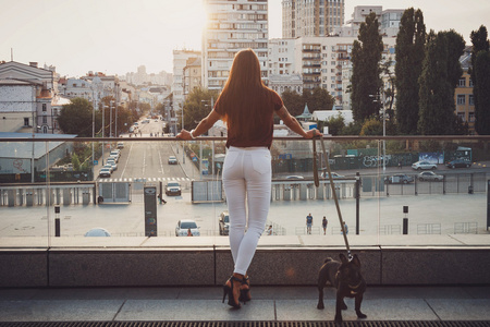 法国斗牛犬在城市中的女人的背影照片