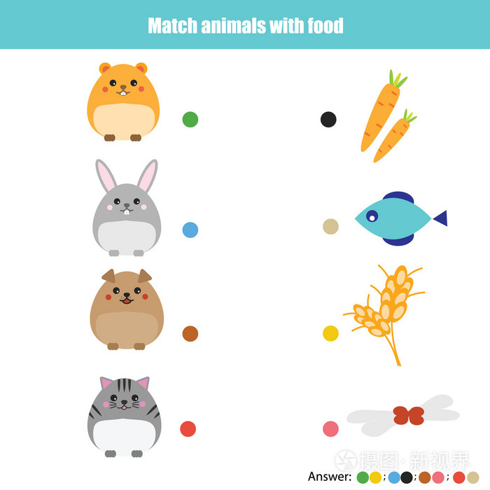 匹配的儿童教育游戏,孩子们的活动.匹配与食物的动物
