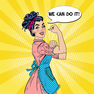 自信的家庭主妇流行艺术女性有力的手势和漫画照片