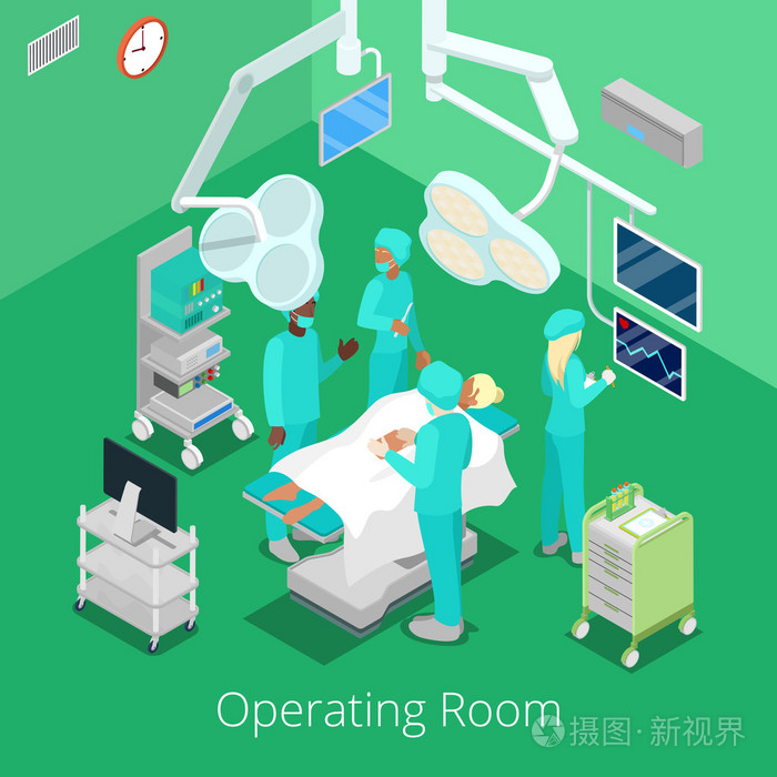 等距外科手术室医生操作过程.矢量图