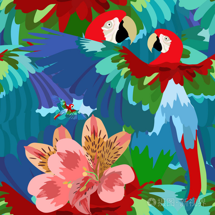 热带花卉和树叶背景彩色雨林色矢量时装印花设计织物纹理动物无缝图案