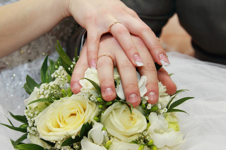 新娘和新郎手与结婚戒指图片