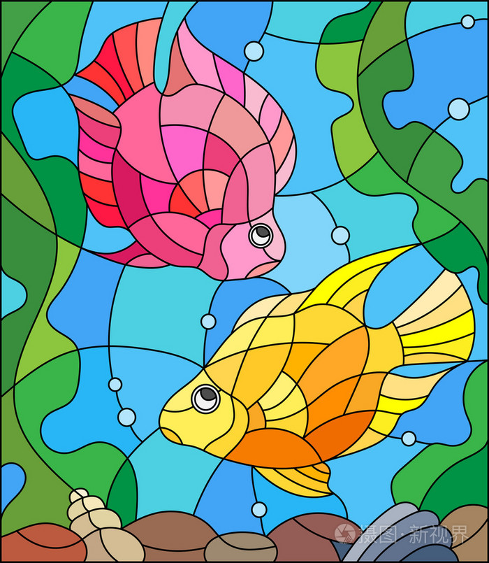 水和海藻彩色玻璃风格与一对公主鹦嘴鱼的背景图