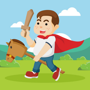 竹马胖男孩骑竹马和控股木剑照片