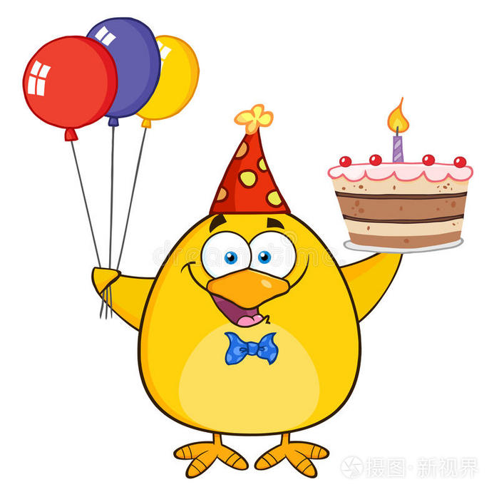 可爱的黄色小妞拿着五颜六色的气球和生日蛋糕