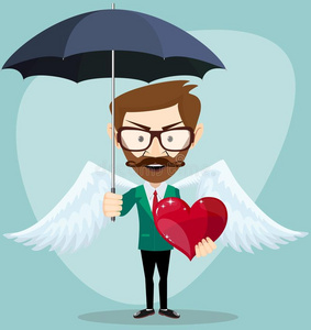 天使男人带着伞,翅膀和心,矢量插图照片