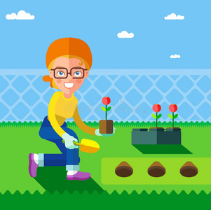 可爱的种花植物收藏.卡通人物.爱卡.平面设计.蓝色背景.孤立.矢量插图