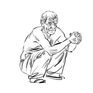 手绘插图一个老蹲着的人，黑白相间