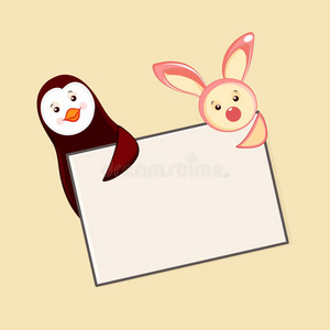 可爱的企鹅和兔子抱着一个空白的框架。