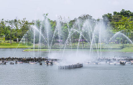 曼谷自然公园池塘里的喷泉