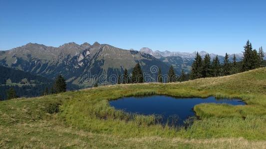 美女 阿尔卑斯山 欧洲 池塘 自然 东南方 地标 小屋 风景