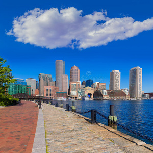 波士顿天际线从风扇码头阳光马萨诸塞州