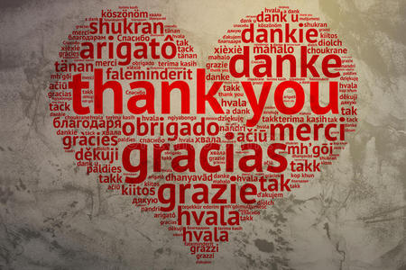 英语谢谢心形单词云,灰色背景照片