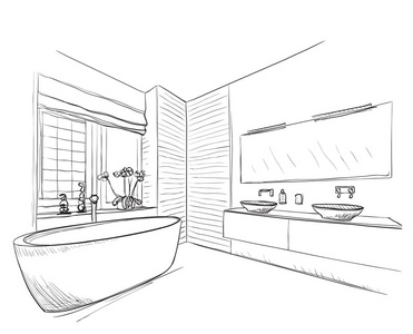 手绘浴室手绘厨房家具.在素描风格的矢量图手绘厨房家具.