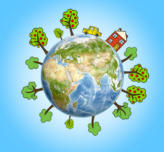 行星地球与绘制的树木, 房子和它周围的车照片