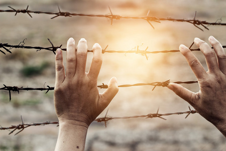 侵犯行为女人的手触摸生锈的铁丝禁锢,侵犯人权行为照片