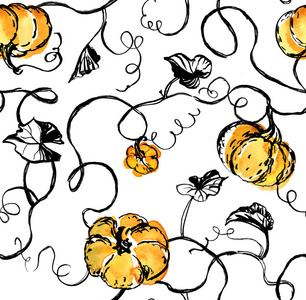水彩的南瓜和白色背景上的黑色藤蔓.手绘水彩无缝模式照片
