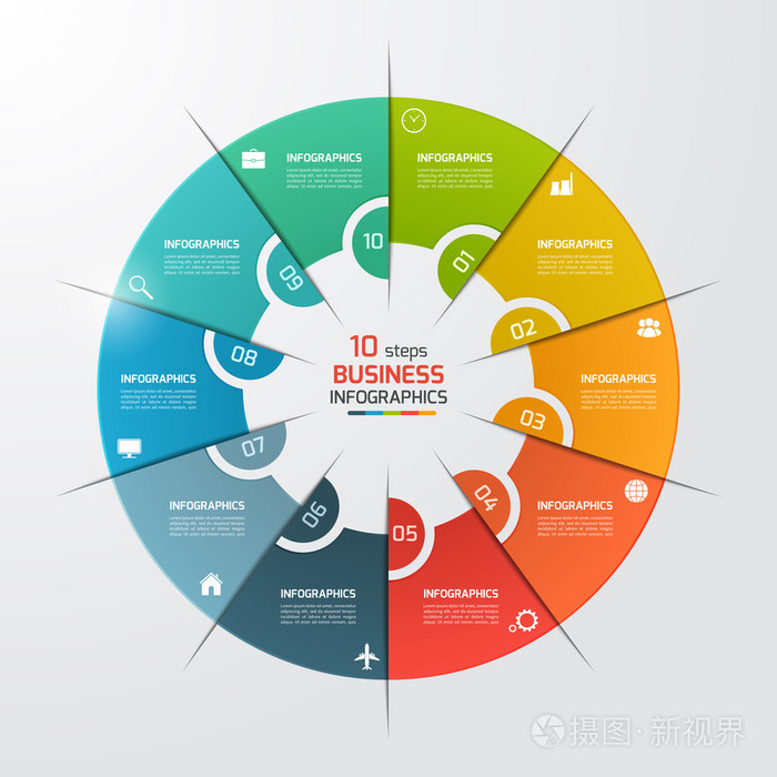 10 个步骤饼图圆信息图表模板.经营理念.矢量图