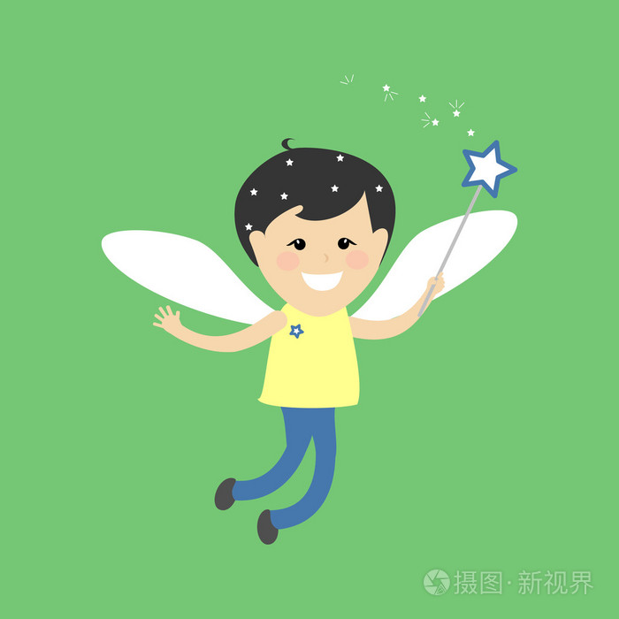 天使童话男孩飞扬的精灵用魔杖在绿色背景上