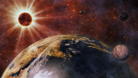 行星地球, 太阳, 月亮和行星在空间三维呈现照片
