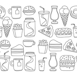 手工绘制的矢量涂鸦图标的快餐菜单,餐厅插画