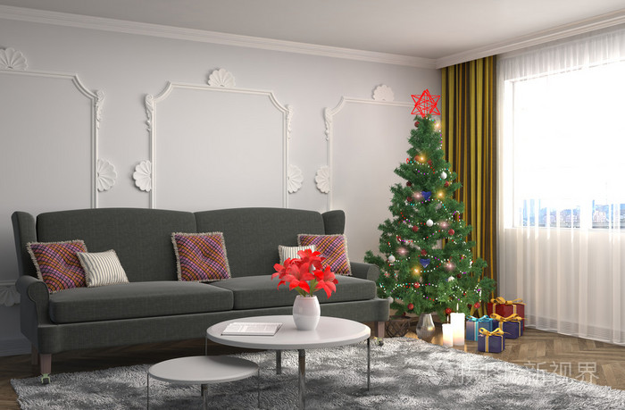 在客厅里的装饰的圣诞树.3d 说明