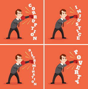 斗争卡通人的性格与不公正现象作斗争.矢量平面卡通插画照片