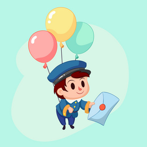 友好的邮递员,在蓝色制服与信.可爱的卡通矢量图照片