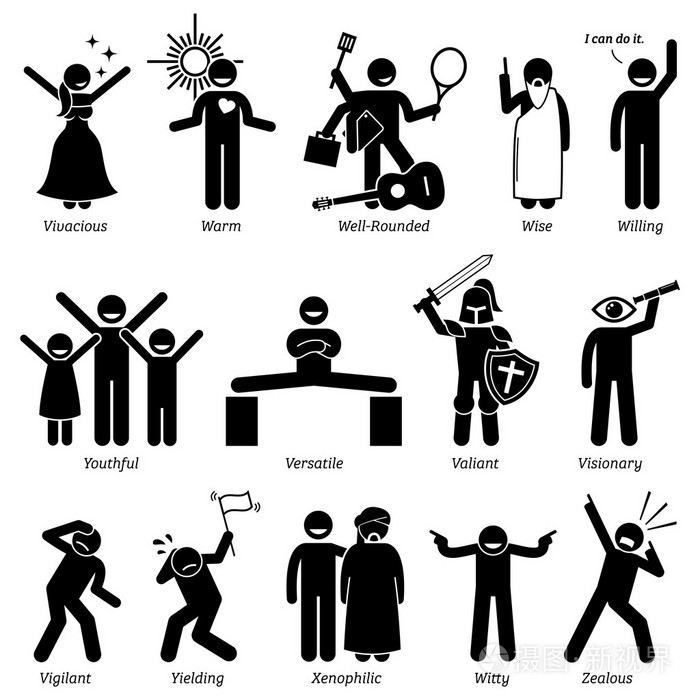 积极和中立的人物的性格特征.棍子数字人图标.