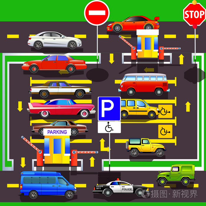 在一个停车场上停放的汽车矢量
