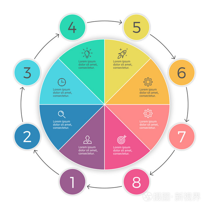 饼形图.八个步骤图表.矢量设计元素