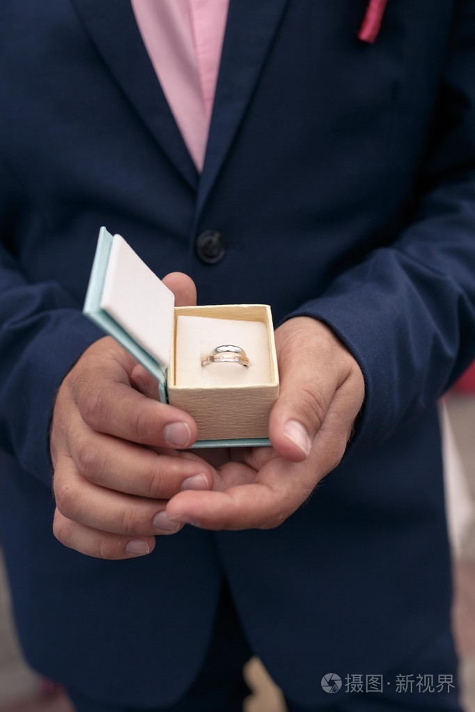 男性的手拿着一盒戴着婚戒