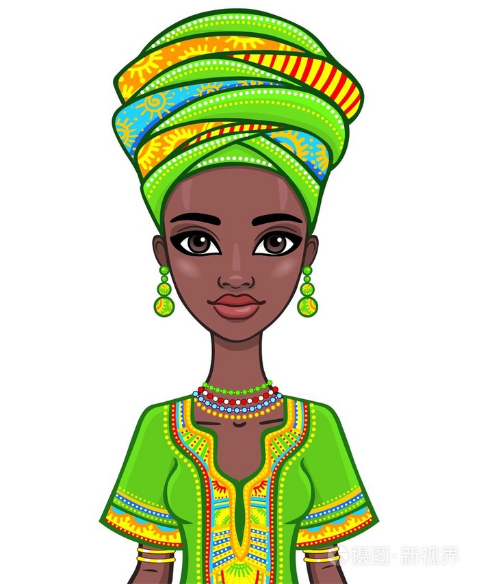 动画的迷人的非洲女孩的画像.在白色背景上孤立,矢量图