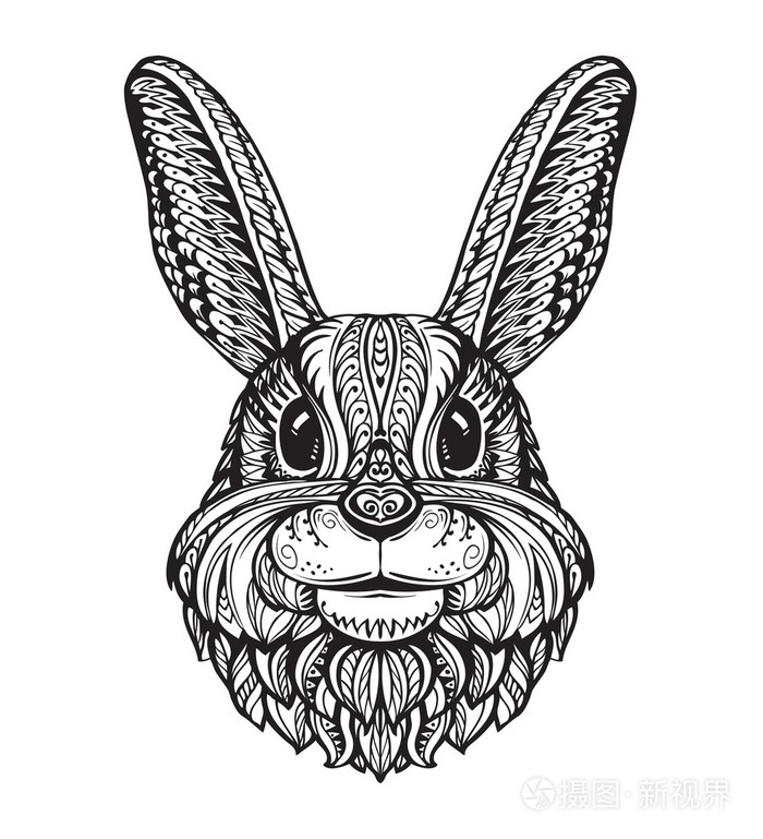 兔或孤立的白色背景上的兔子头.手工绘制的矢量图的民族风格