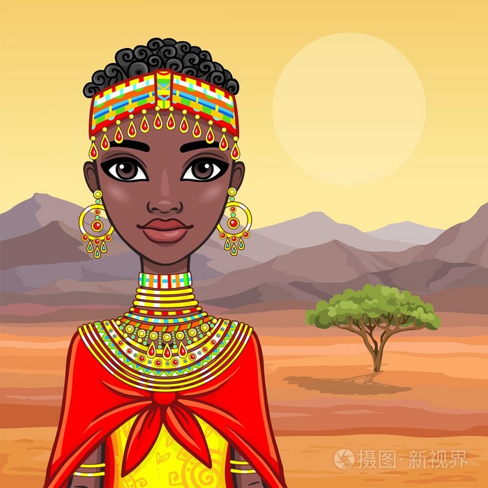 插画 迷人的非洲女孩的画像.背景-沙漠.矢量图.eps