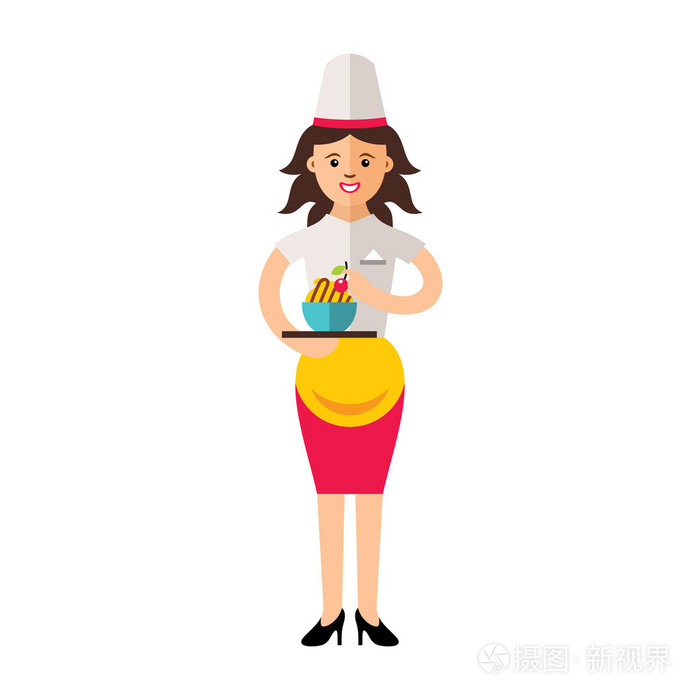 矢量美丽女厨师美味甜点.平面样式色彩丰富的卡通插画
