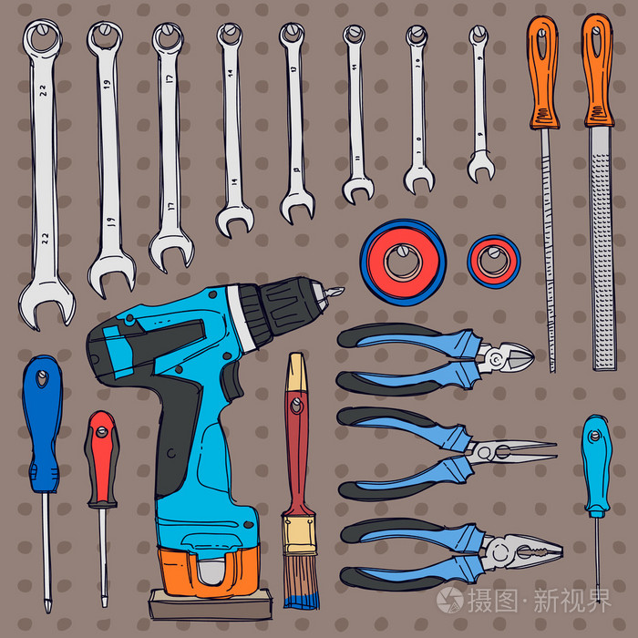用于在wal上建造和修理的手绘插图工具