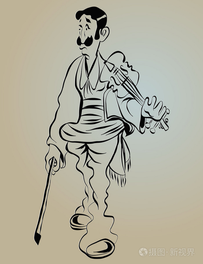 街头艺人的小提琴家,卡通素描的一个留着大胡子的男人插画-正版商用