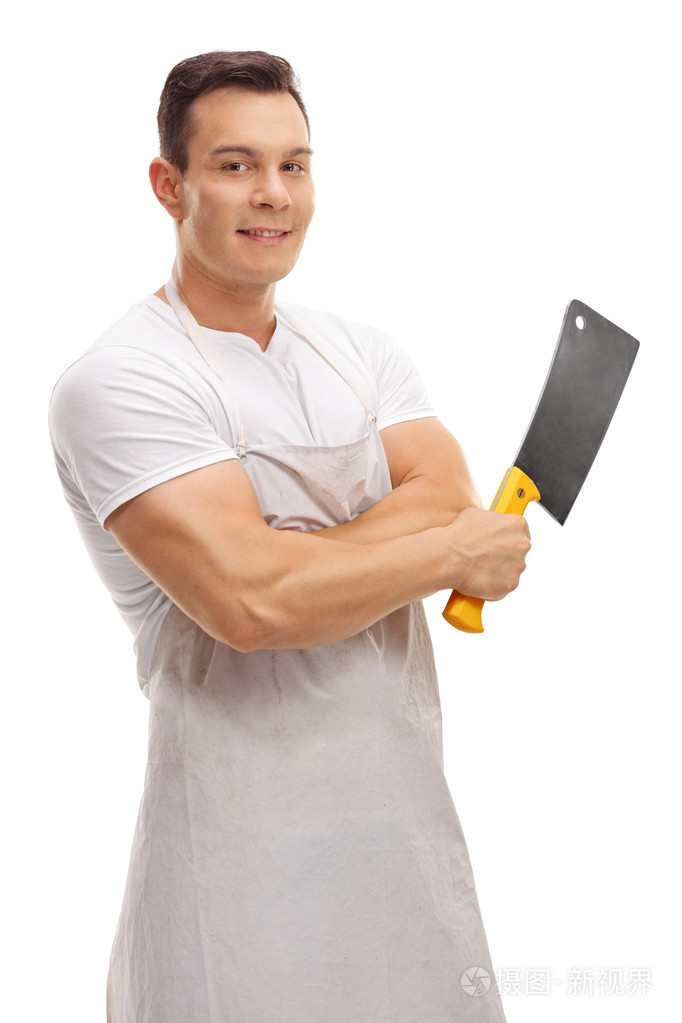 微笑着摆了一把菜刀屠夫