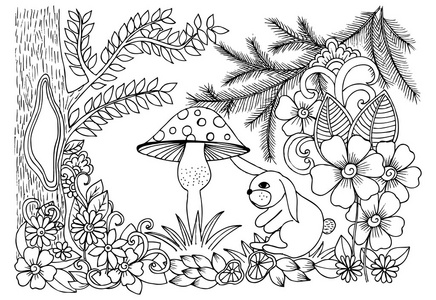 兔叔叔在黑色和白色的魔法森林.花卉的涂鸦和兔子叔叔照片