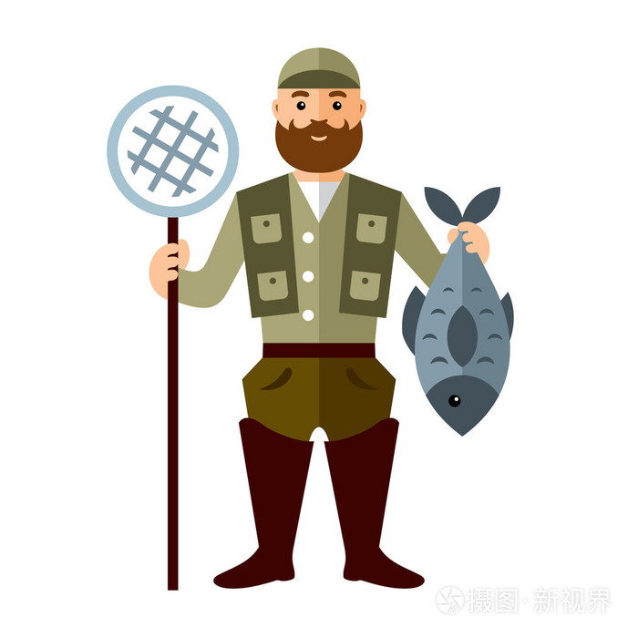 矢量捕鱼的概念渔夫与大鱼平面样式色彩丰富的卡通插画