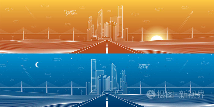 基础设施全景 公路 大桥 商务中心 建筑和城市图 霓虹城市 蓝色和橙色背景 摩天大楼和水塔 白 线矢量设计艺术插画 正版商用图片1q3d6q 摄图新视界 基础设施全景 公路 大桥 商务中心 建筑和城市图 霓虹城市 蓝色和橙色背景 摩天大楼和水塔 白 线矢量设计艺术插画 正版商用图片1q3d6q 摄图新视界