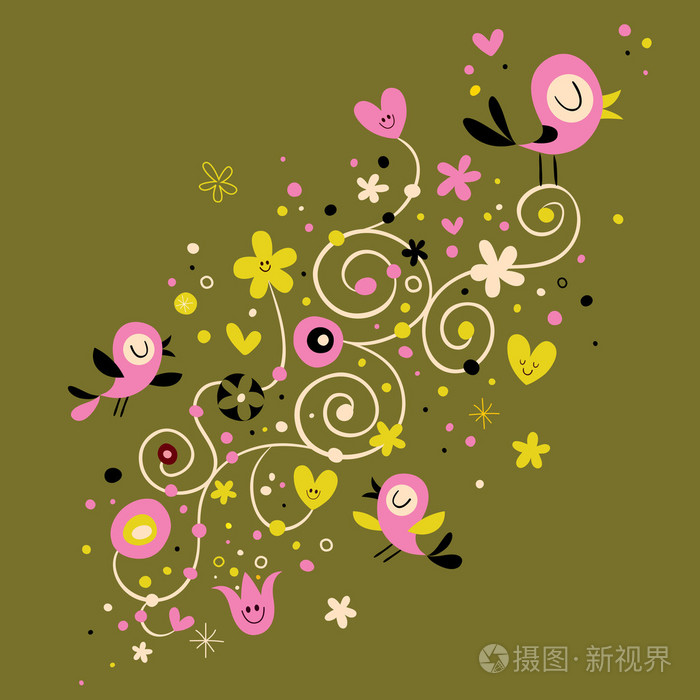 花艺自然可爱的小鸟心灵和鲜花点缀