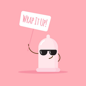 矢量表情避孕套与海报关于安全的爱卡通贴纸