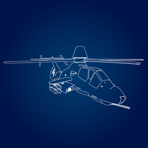 蓝色背景上的一架军用直升机线性向量插图插画