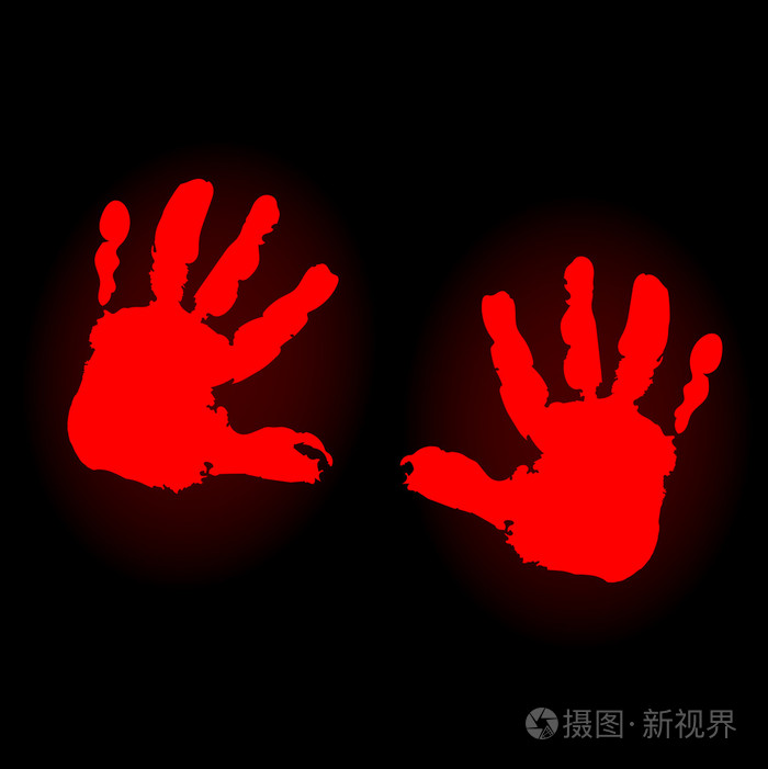 孩子的手在黑色背景上的两个红色印记